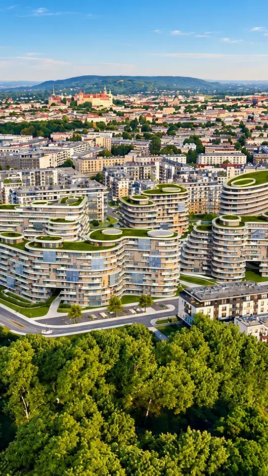 Panorama Krakowa o złotej godzinie - Wisła, zielone osiedla i Wawel w tle